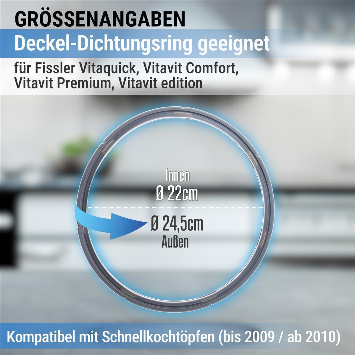3x Dichtung 39156 22cm für Fissler Vitaquick, Vitavit Comfort, Vitavit Premium, Vitavit edition Schnellkochtöpfe, Deckel-Dichtungsring, grau, Silikon, 22cm Innendurchmesser, 24,5cm Außendurchmesser, baugleich zu 600-000-22-795/0