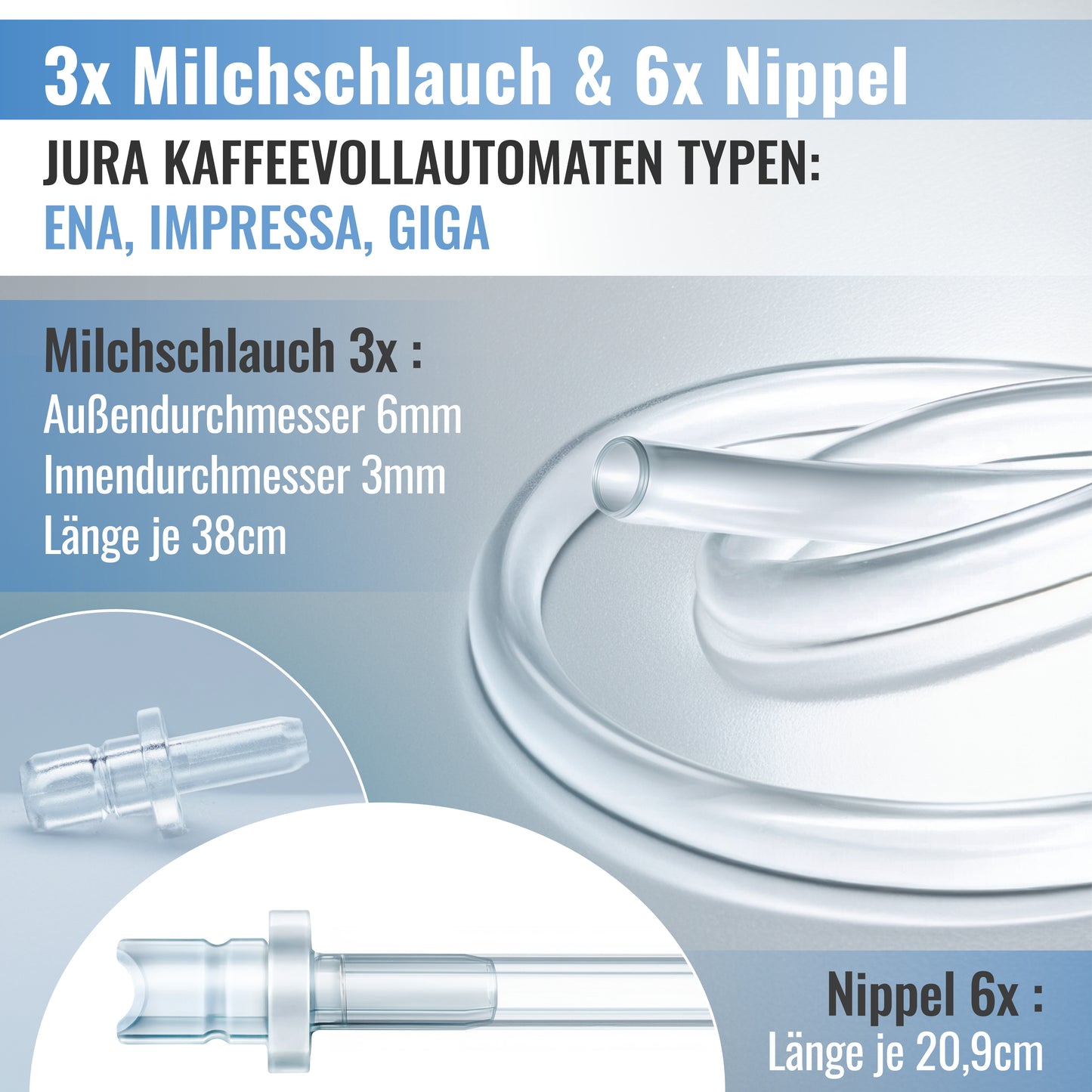 Milchschlauchset 200425 für Jura Kaffeevollautomaten (3x Milchschlauch 38cm, 6x Nippel, Reinigungsbürste) kompatibel mit Jura ENA E8, GIGA 6 10 W10, IMPRESSA J6 J8 J8twin Z5 Z6 Z7 Z8 Z9 Z10, S8 S80 WE8